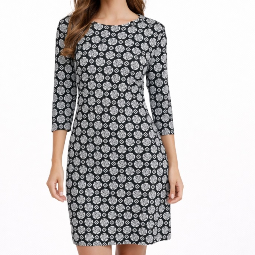 J McLaughlin Black White Gray Geometric Medallion Print Ruched Dress‎ Size Large